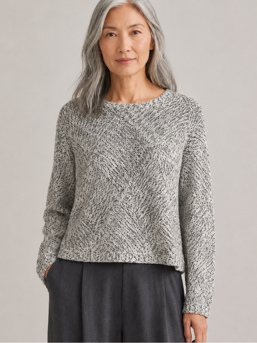 Eileen Fisher Organic Cotton Marled Textured Knit Sweater M Off White Navy Boxy